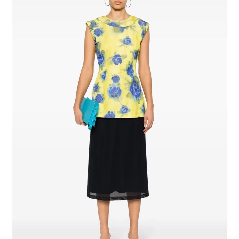 Marni floral-print taffeta top in a "Lemonade" (yellow and blue) colorway $1250